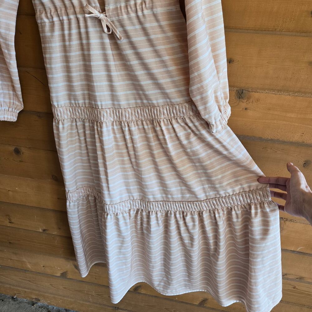 Hijab House Dress Modest Striped Day Beige White 6 Maxi Tier Long Sleeve Neutral - Picture 6 of 6